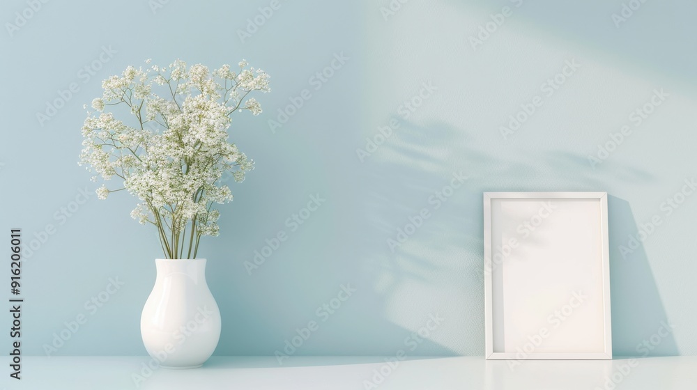 Minimalist decor featuring a vase of flowers and a blank frame against a soft blue wall, ideal for home or office styling. Minimalist decor featuring a vase of flowers and a blank frame against a soft blue wall, ideal for home or office styling.
