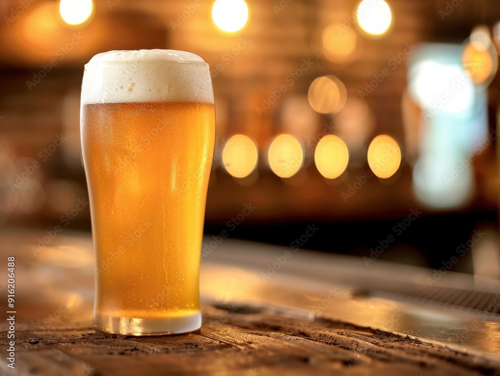 Refreshing beer in a glass, elegantly served in a cozy bar setting with warm lights and wood accents. Refreshing beer in a glass, elegantly served in a cozy bar setting with warm lights and wood accents.