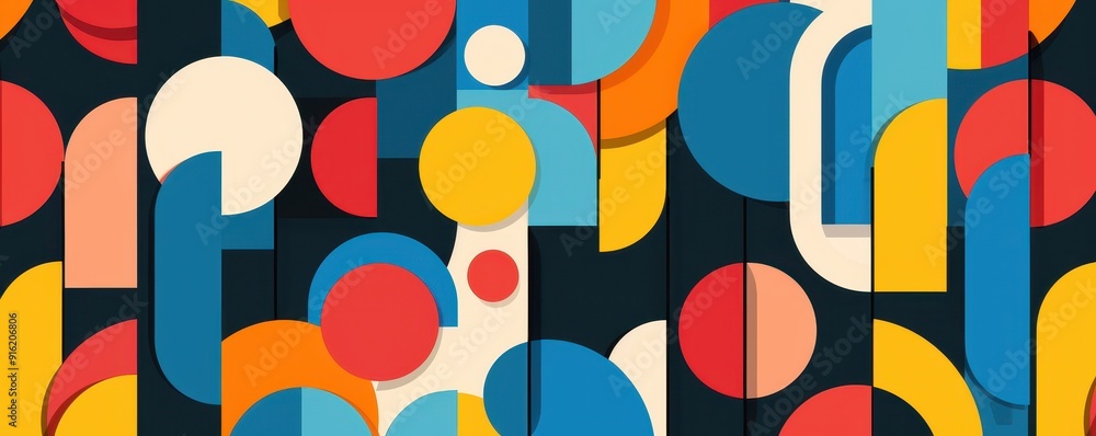 Vibrant abstract geometric shapes in various colors and sizes on a dark background, creating a dynamic and modern design. Vibrant abstract geometric shapes in various colors and sizes on a dark background, creating a dynamic and modern design.