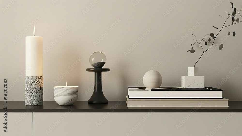 Minimalist Home Decor with Candles, a Glass Sphere, and a Book Minimalist Home Decor with Candles, a Glass Sphere, and a Book