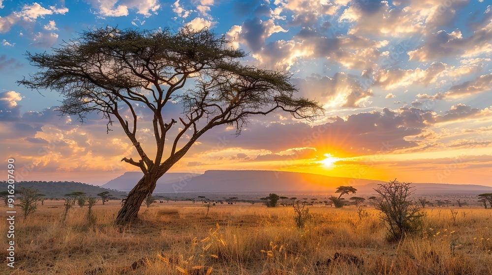 African savanna landscape with a lone acacia tree silhouetted against a stunning sunset sky. African savanna landscape with a lone acacia tree silhouetted against a stunning sunset sky.