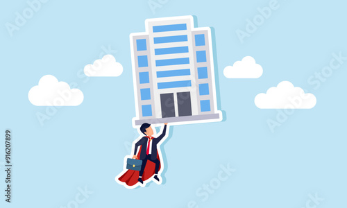 Key role in a business, venture, or company concept of A businessman like Superman, flying and lifting company buildings