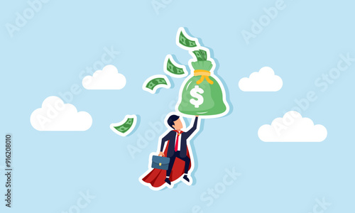 Top contributor to income in a business, venture, or company concept of A businessman like Superman, flying with a money bag overflowing in the sky