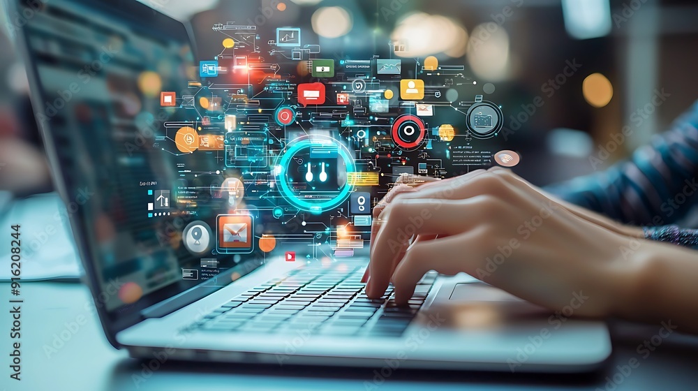 Focused hands manipulate digital realm, crafting communication through laptop's glowing interface Focused hands manipulate digital realm, crafting communication through laptop's glowing interface