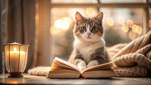 rendering of a cute cat reading a book in a cozy room, cat, cute,rendering, book, reading, cozy, room, education, learning