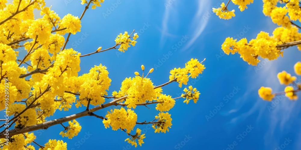 Yellow blossoms on a tree branch against a clear blue sky background, spring, blossom, tree, branch, yellow, flowers, nature Yellow blossoms on a tree branch against a clear blue sky background, spring, blossom, tree, branch, yellow, flowers, nature