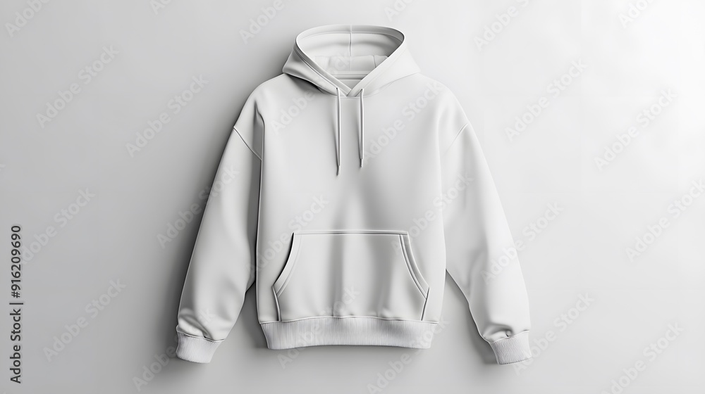 White hoodie mockup displayed flat on a clean white background with soft shadows White hoodie mockup displayed flat on a clean white background with soft shadows