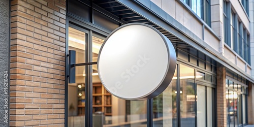 Circular store brand sign board mockup in empty shop frontage street, retail, shop, store, brand, signboard, mockup