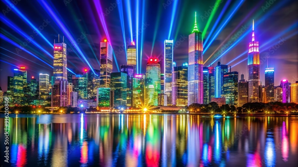 Fototapeta premium Cityscape with colorful lighting artworks creating a mesmerizing display, city, lighting, art, urban, night