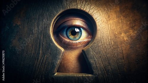Close-up of a keyhole with an eye peeking through, surrounded by shadows and mystery, mystery, secret, eerie, spying