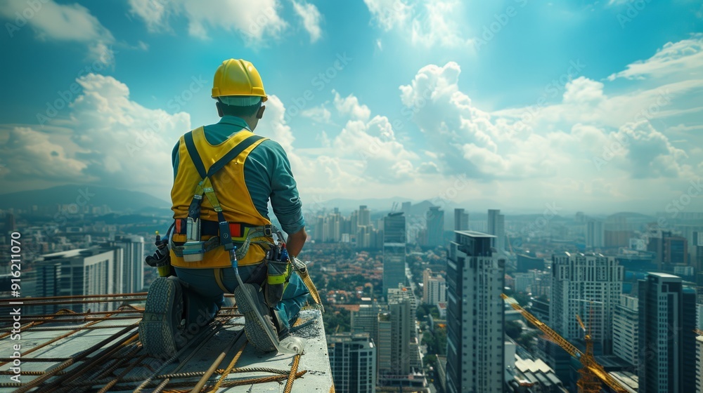 Construction worker on a high-rise building with a cityscape view Construction worker on a high-rise building with a cityscape view