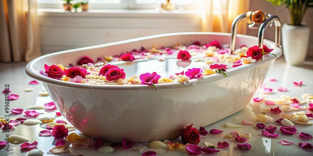 Luxurious bath in milk tub filled with bubbles and flower petals, spa, relaxation, milk bath, bubbles Luxurious bath in milk tub filled with bubbles and flower petals, spa, relaxation, milk bath, bubbles