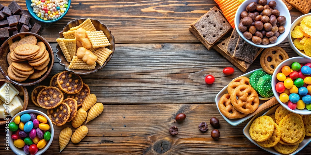 Unhealthy snacks such as chips, cookies, and candy bars displayed on a wooden background, unhealthy, snacks Unhealthy snacks such as chips, cookies, and candy bars displayed on a wooden background, unhealthy, snacks