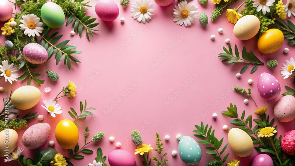 Easter themed background with eggs, greenery, and flowers on pink background, Easter, eggs, spring, holiday, festive Easter themed background with eggs, greenery, and flowers on pink background, Easter, eggs, spring, holiday, festive