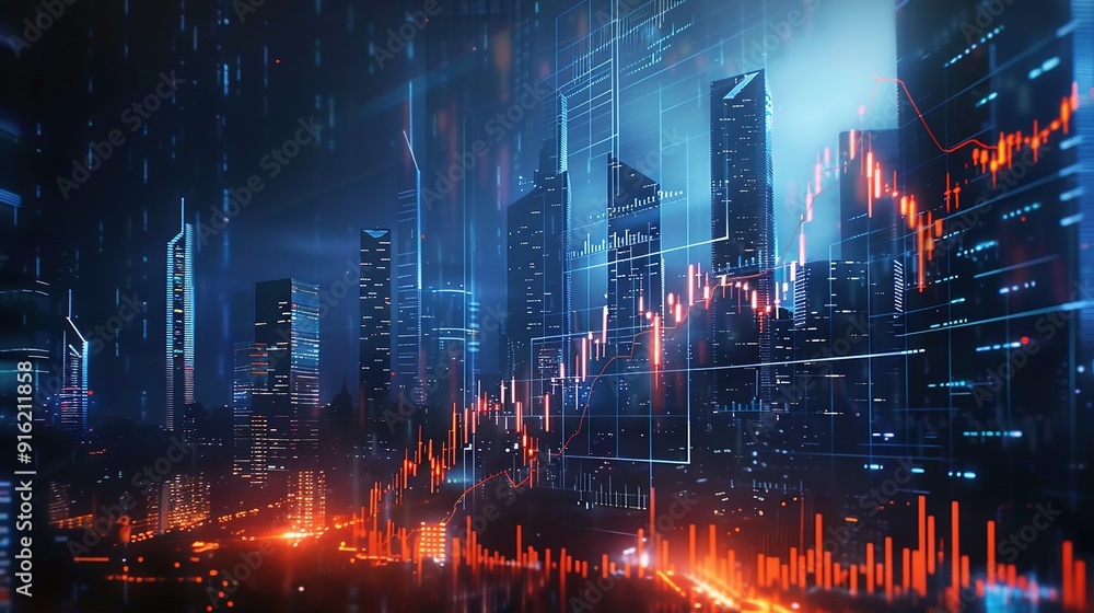 Fototapeta premium City Skyline with Overlaid Financial Charts and Data