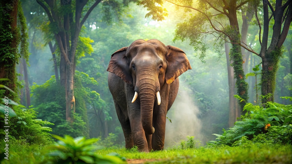 Fototapeta premium Majestic Indian elephant standing in a lush green forest , Wildlife, Endangered, Trunk, Tusks, Herbivore, Mammal