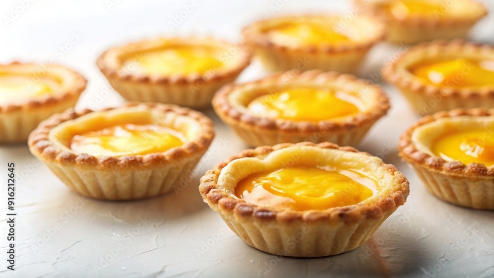 Close-up of freshly baked egg tarts on a clean white background, dessert, pastry, Hong Kong, cuisine, delicious, sweet, flaky Close-up of freshly baked egg tarts on a clean white background, dessert, pastry, Hong Kong, cuisine, delicious, sweet, flaky