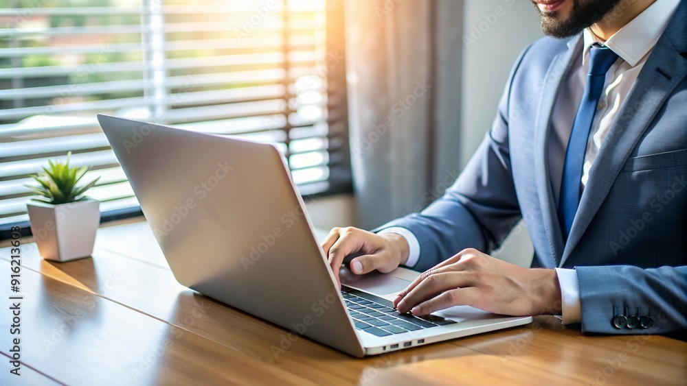 A businessman confidently checking off boxes on an online business performance checklist displayed on his laptop. The design evokes a sense of progress and achievement in achieving business goals.