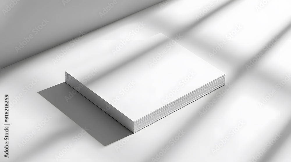 Fototapeta premium White business card mockup on a plain white background with soft shadows and subtle texture