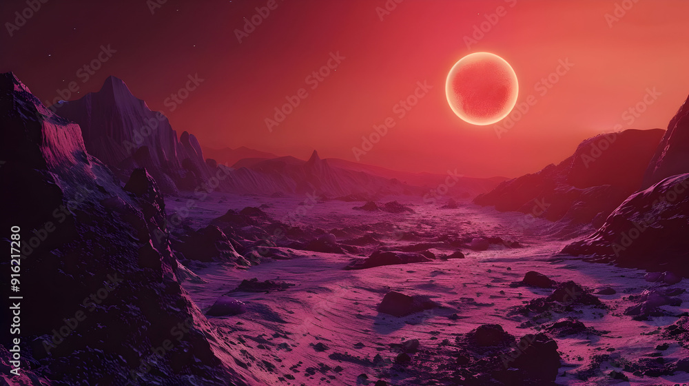 Red Giant Sunset Over Alien Landscape - 3D Illustration