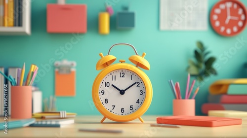 Yellow Alarm Clock on Desk with Books and Pens.