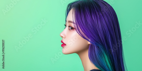 A profile view of a person with vibrant purple hair against a gradient background.