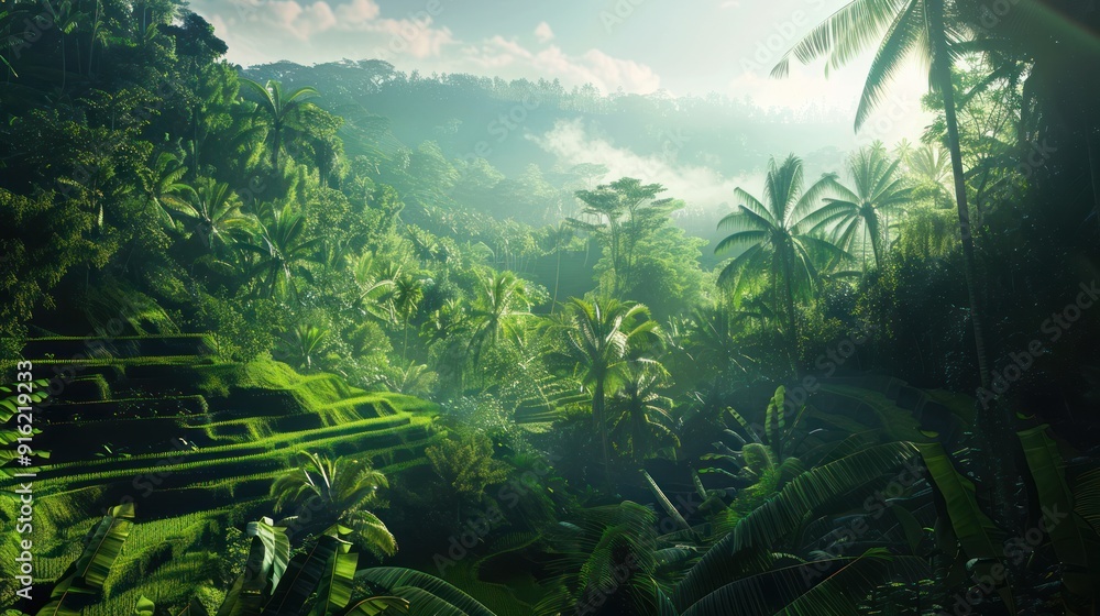 Sun Rays Through Lush Green Rainforest Sun Rays Through Lush Green Rainforest