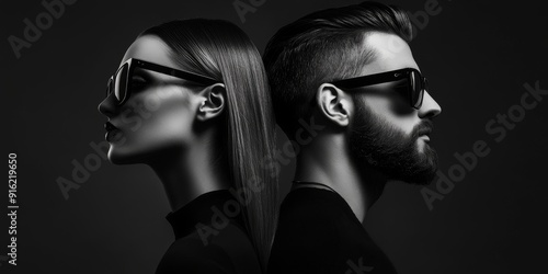 Elegant Couple in Sunglasses Facing Opposite Directions: A High-Contrast Black and White Portrait Emphasizing Style and Modern Elegance