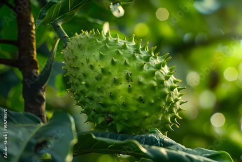 Green Spiky Fruit on a Branch - Realistic Photo