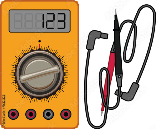 Digital multimeter displaying a numeric value and showing its selector knob and its two probes