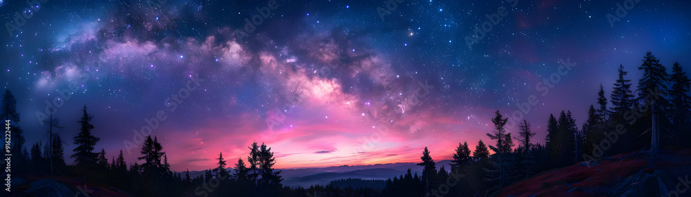 Milky Way Galaxy Over a Forest at Night - Realistic Image Milky Way Galaxy Over a Forest at Night - Realistic Image