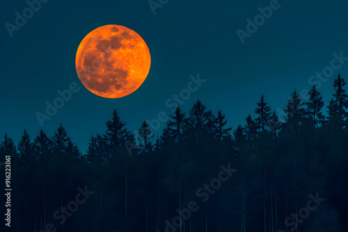 Full Orange Moon Over Silhouetted Forest - Night Sky Photography photo