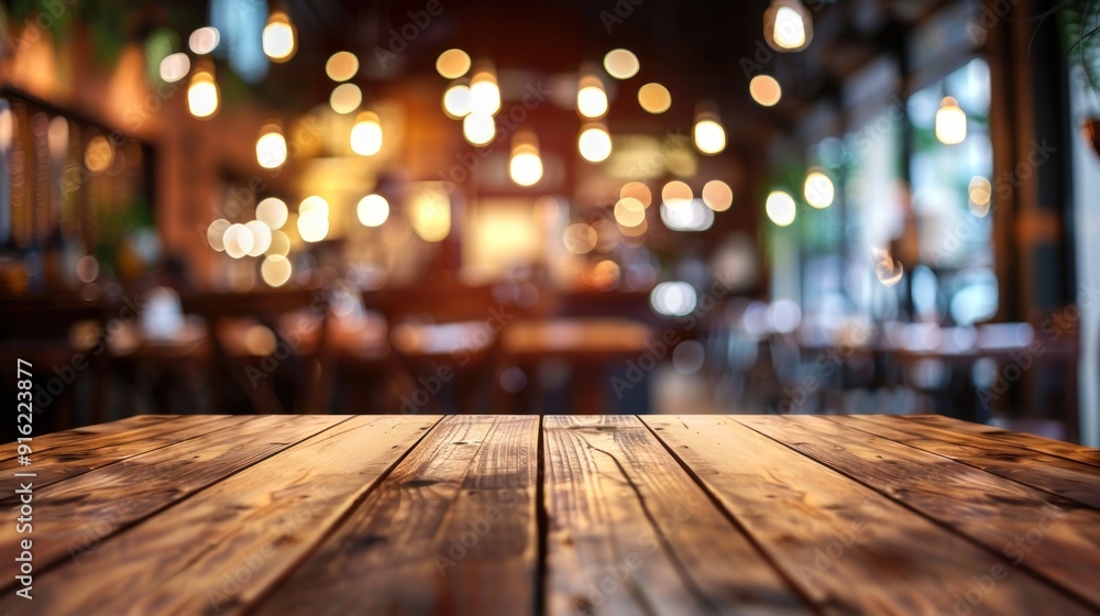 Wooden Table with Blurred Cafe Background Wooden Table with Blurred Cafe Background