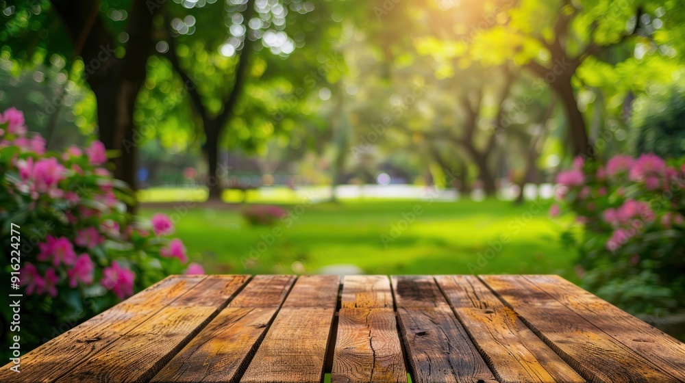 Wooden Table in a Lush Green Park Wooden Table in a Lush Green Park