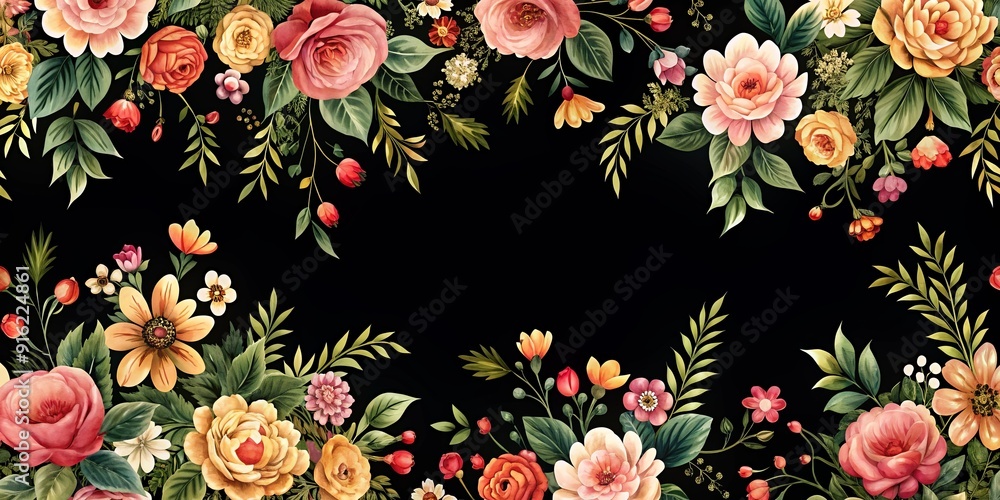 Floral pattern on black background, floral, pattern, black, background, design, petals, leaves, texture, vintage Floral pattern on black background, floral, pattern, black, background, design, petals, leaves, texture, vintage