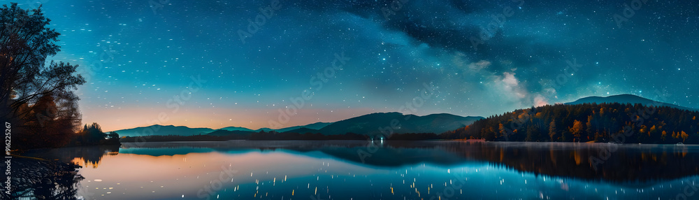 Night Sky Landscape with Milky Way Over Lake and Mountains - Photo Night Sky Landscape with Milky Way Over Lake and Mountains - Photo