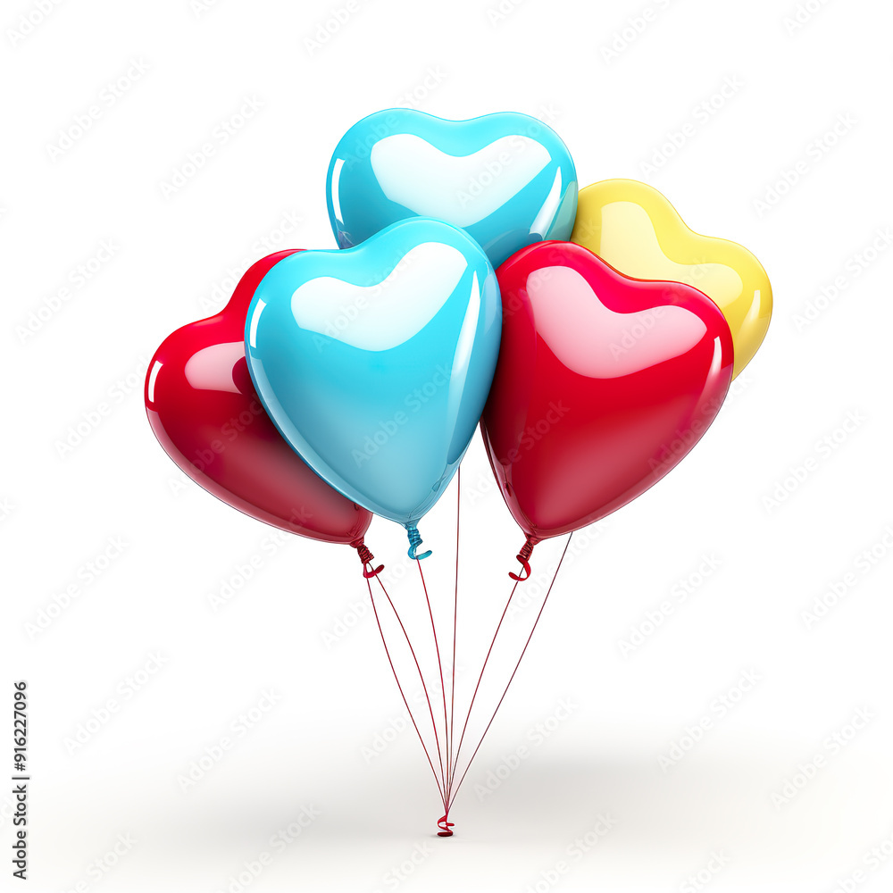 Four Heart-Shaped Balloons in Blue, Red, and Yellow. Four Heart-Shaped Balloons in Blue, Red, and Yellow.
