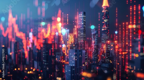 Wallpaper Mural Nighttime Cityscape with Red Lights and Blurred Financial Charts Torontodigital.ca