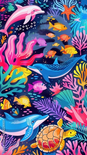 Dolphins swim playfully among colorful fish and coral in a lively underwater environment
