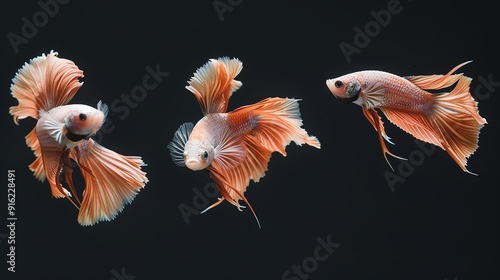 Set of Bettafish on black background.Capture the moving moment of siamese fighting fish isolated on black background 