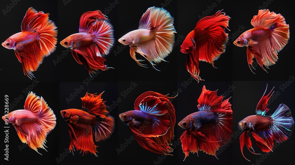 Set of Bettafish on black background.Capture the moving moment of siamese fighting fish isolated on black background Set of Bettafish on black background.Capture the moving moment of siamese fighting fish isolated on black background