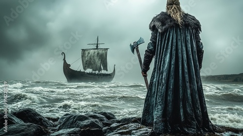 Epic Viking Warrior Overlooking Longship in Stormy Seas - Historical Nordic Scene photo