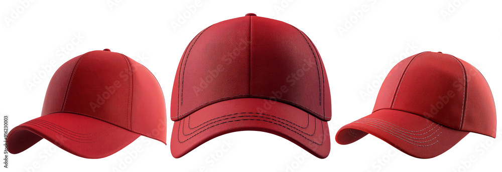Red caps set isolated on transparent background, stylish and trendy, ideal for fashion, sportswear, and accessory design concepts. Red caps set isolated on transparent background, stylish and trendy, ideal for fashion, sportswear, and accessory design concepts.