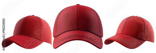 Red caps set isolated on transparent background, stylish and trendy, ideal for fashion, sportswear, and accessory design concepts. photo