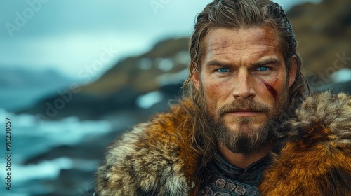 Powerful Portrait of a Viking Warrior with Intense Gaze and Battle Scars by the Ocean