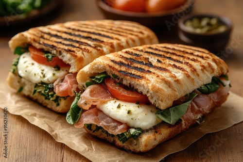 A close-up photograph of an Italian panini sandwich, filled with prosciutto, mozzarella, spinach, and tomato.