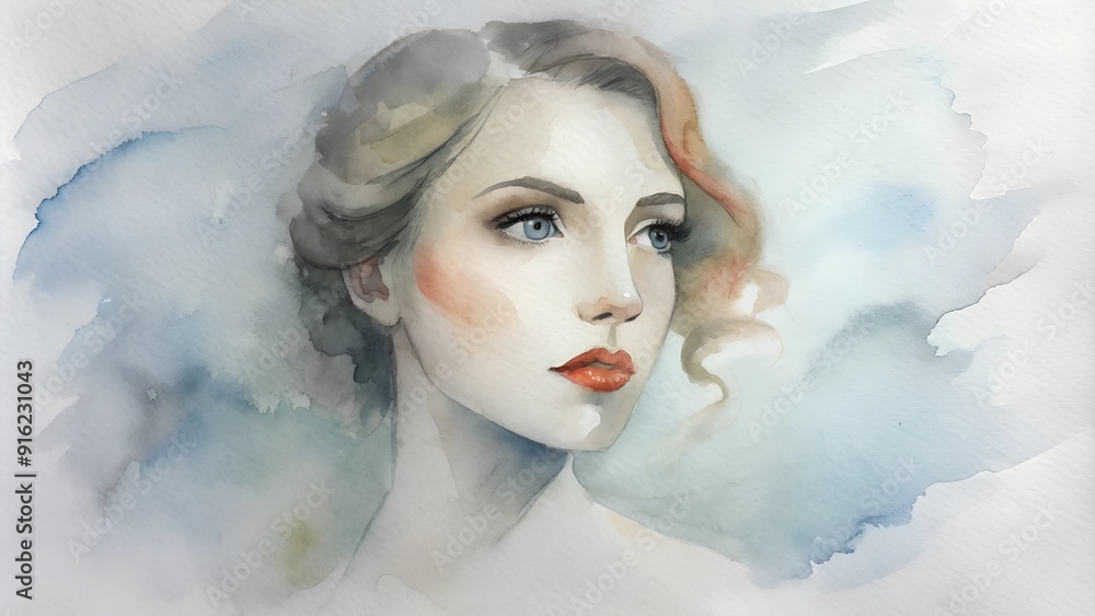 Retro style portrait of a young woman; pencil drawing with colored lips, close-up in profile Retro style portrait of a young woman; pencil drawing with colored lips, close-up in profile