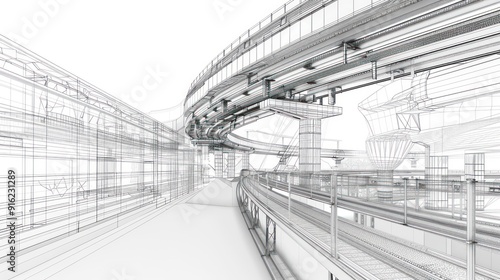 Wireframe Illustration of a Futuristic Elevated Train Station