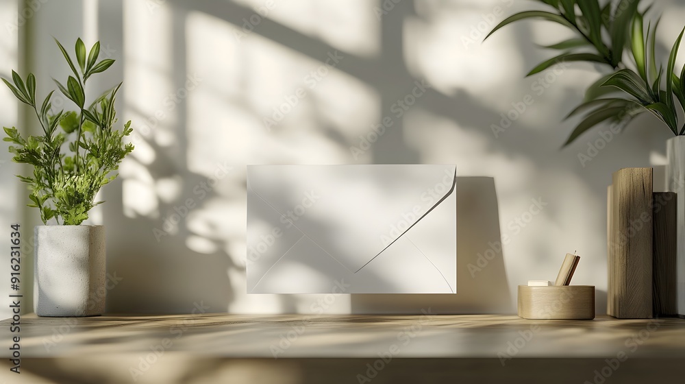 White envelope mockup placed on a simple desk, with soft natural light illuminating it White envelope mockup placed on a simple desk, with soft natural light illuminating it
