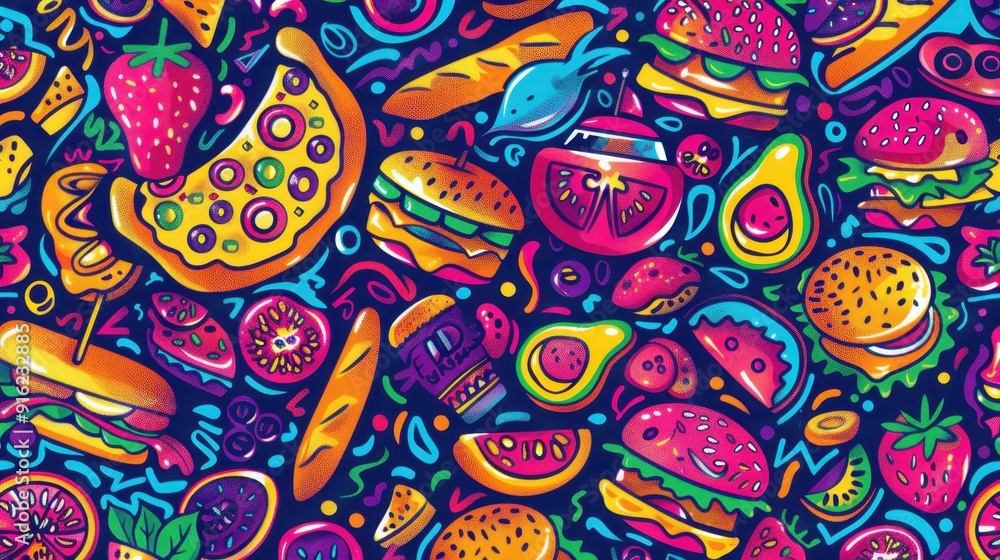 Naklejka premium A lively assortment of burgers, fruits, and snacks creates a playful and whimsical culinary collage